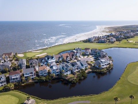 Aerial view of homes facing golf course and Atlantic Ocean in South Carolina.