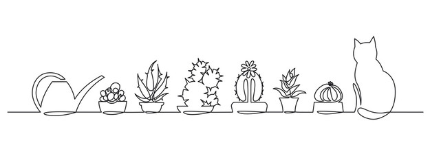 Continuous one Line Drawing of Vector Cute Cactus. Black and White Sketch House Plants with a cat and a watering can on the window sill. © samuii