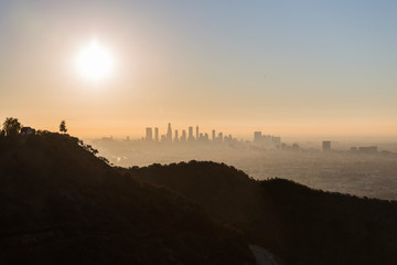 Sunny morning skyline view of downtown Los Angeles from Runyon Park and the Hollywood Hills in Southern California.