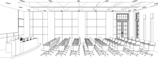 conference room, meeting room, contour visualization, 3D illustration, sketch, outline