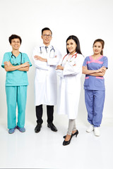 Medical workers on wall background