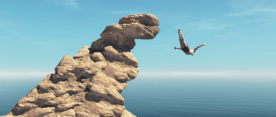 Fototapeta Man jumps into the ocean from a cliff. obraz