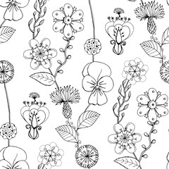 Monochrome seamless pattern with flowers, hand drawn floral texture