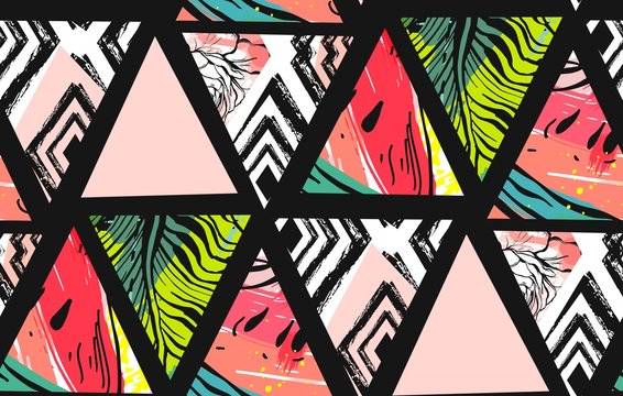 Hand drawn vector abstract unusual summer time decoration collage seamless pattern with watermelon,aztec and tropical palm leaves motif isolated