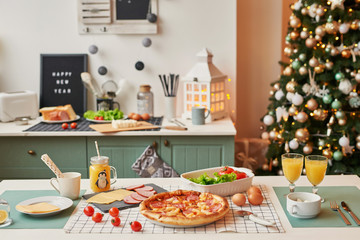 pizza with mozzarella on the Christmas table