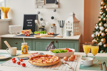 pizza with mozzarella on the Christmas table