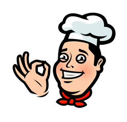Funny chef, cook. Menu, restaurant logo or label. Cartoon vector illustration