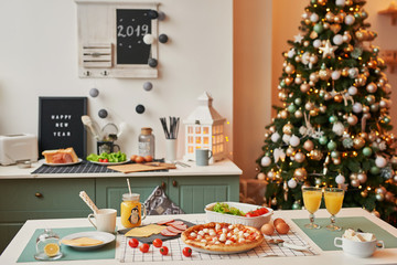 pizza with mozzarella on the Christmas table