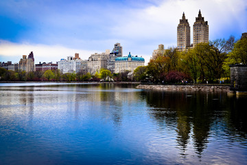 Fototapeta na wymiar West Side of Manhattan from Central Park Pond