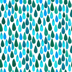 Water drop watercolor hand drawn background. Cute seamless patterns. Seamless rain pattern. Blue raindrops. Baby pattern. Watercolor texture of rain for design textile, decor, paper, wrapping, prints.