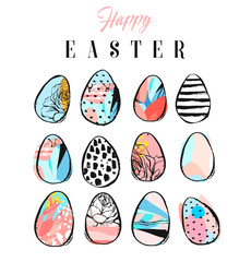 Hand made vector abstract collage textured colored Easter eggs collection set isolated on white background.Easter design decoration elements