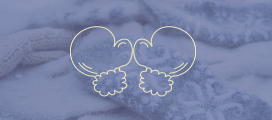 Drawn counter of two mittens at soft background with real mittens, warm and cozy illustration for yarn shop, knitting