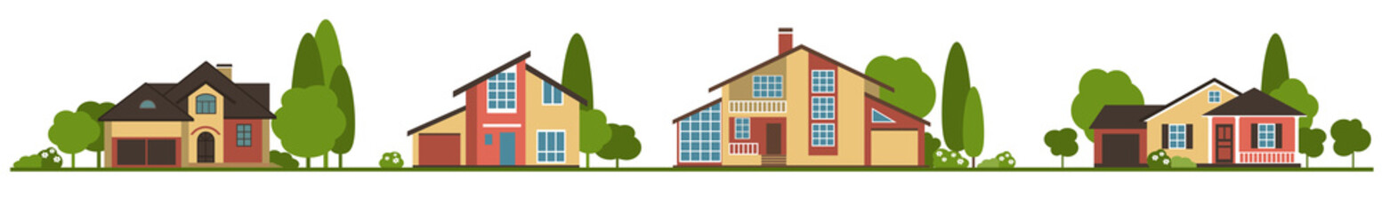 Suburban houses along the street . Set private houses in flat design style.