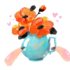 The bouquet of poppies in a turquoise vase