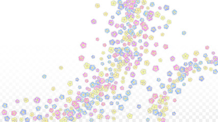 Blue Vector Realistic Blue Petals Falling on Transparent Background.  Spring Romantic Flowers Illustration. Flying Petals. Sakura Spa Design. Blossom Confetti. Design Elements for Wedding Decoration.