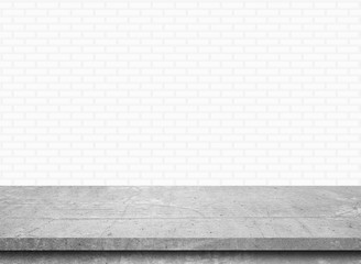 Empty stone table top on white brick wall background, Template mock up for display of product