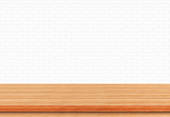 Empty wood table top on white brick wall background, Template mock up for display of product