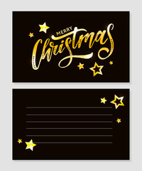 Merry Christmas Calligraphic Inscription Decorated with Golden Stars and Beads.