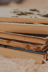 A stack of old books on a cozy fluffy beige blanket. Place for text.
