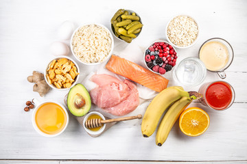 Selection of food that helps with hangover, copy space