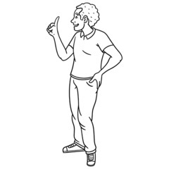 hand-drawn customer who listens and is interested in looking at something. vectorized, young, man, woman, questioning, outline, white, black.