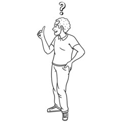 hand-drawn customer who listens and is interested in looking at something. vectorized, young, man, woman, questioning, outline, white, black.