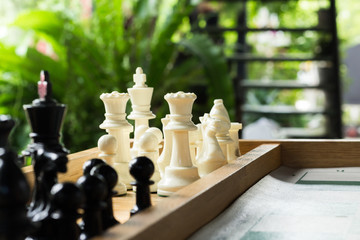 White chess on a chessboard In natural scenery. Closeup