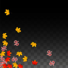 Vector Percentage Sign and Autumn Leaves Confetti on Transparent Background. Percent Sale Background. Business, Economics, Finance Print. Discount Illustration. Promotion poster. Black Friday Banner. 