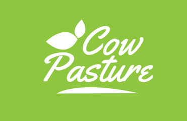 cow pasture white text word with leaf logo icon on green background