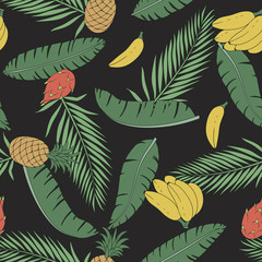 Tropical background with palm leaves and fruits. Seamless floral pattern. Summer vector illustration. Flat jungle print