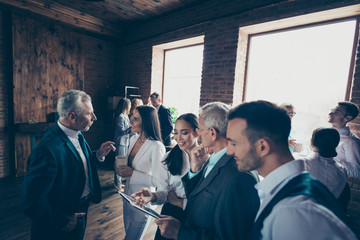 Interesting people career collar collaboration concept. Photo of large big crowd many happy smiling people telling about startup to personnel staff chief boss ceo mentor at conference break
