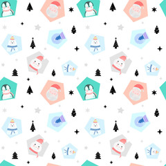 Fototapeta na wymiar Cute Christmas elements seamless pattern. Christmas decoration with Santa Claus, bear, penguin, snowman and snow globe.
