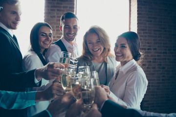 Nice attractive cheerful positive elegant classy chic professional business people sharks celebrating company progress at space work place workstation