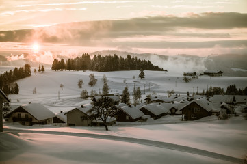 winter landscape in the village of Sulzberg, Bregenzer Wald, Vorarlberg, Austria