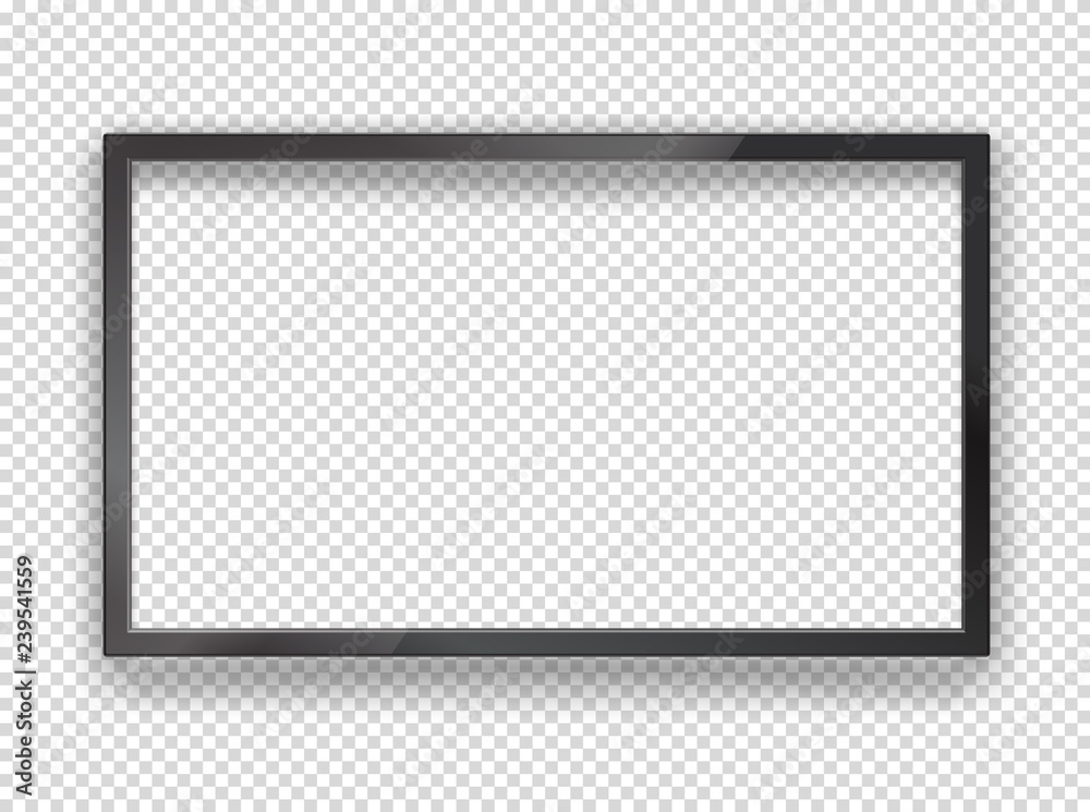 Poster Modern black tv frame with blank screen vector mockup. 1920 on 1080 HD proportion screen. Vector object isolated on transparent background