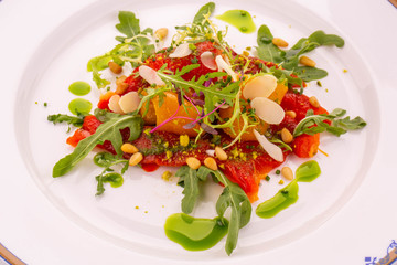 Baked pepper with Pesto, nuts also pass cress