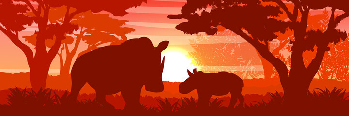Silhouette. A large African rhino and her cub in a savannah bush. Wild animals of Africa. Realistic Vector landscape . Big Five