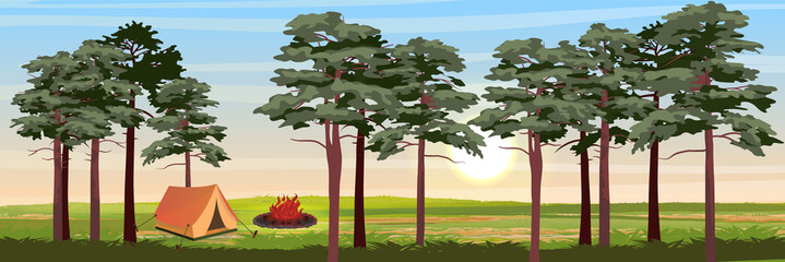 Tent for tourism in the pine forest. Bonfire in the meadow. Camping and eco-friendly recreation. Realistic Vector Landscape