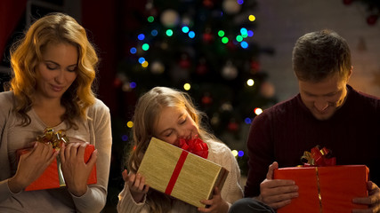 Obraz na płótnie Canvas Excited family receiving Christmas presents, hugging boxes, dreams come true