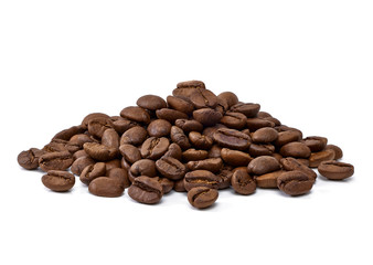 roasted coffee beans heap or pile isolated on white background