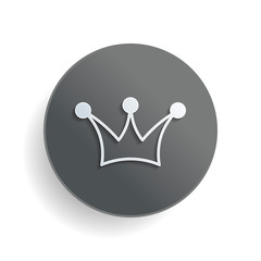 Crown icon. White paper symbol on gray round button with shadow