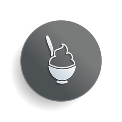 ice cream or porridge in bowl icon. White paper symbol on gray round button with shadow
