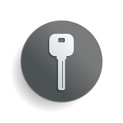 key icon. White paper symbol on gray round button with shadow