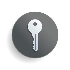 key icon. White paper symbol on gray round button with shadow