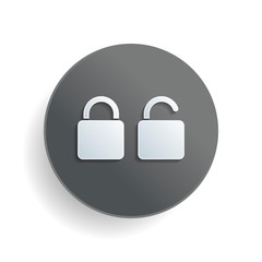 Lock and unlock Icon. White paper symbol on gray round button with shadow