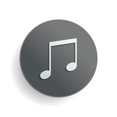 Music note icon. White paper symbol on gray round button with shadow
