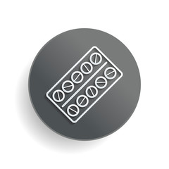 Pack Pills Icon. White paper symbol on gray round button with shadow