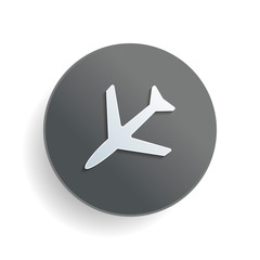 Plane icon. White paper symbol on gray round button with shadow