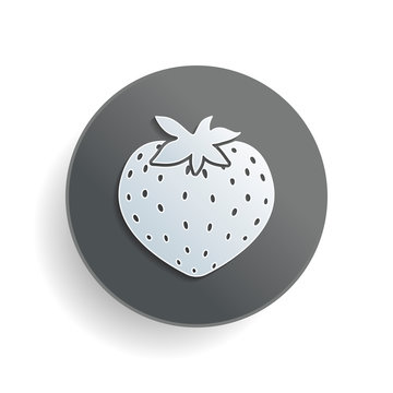 strawberry icon. White paper symbol on gray round button with shadow