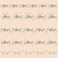 Set of five seamless horizontal ornaments. Black and white vector hand drawing branches with leaves.